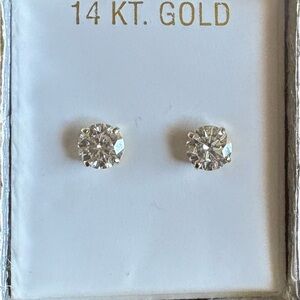 14K Gold Clear Diamond Solitaire Stud Earrings